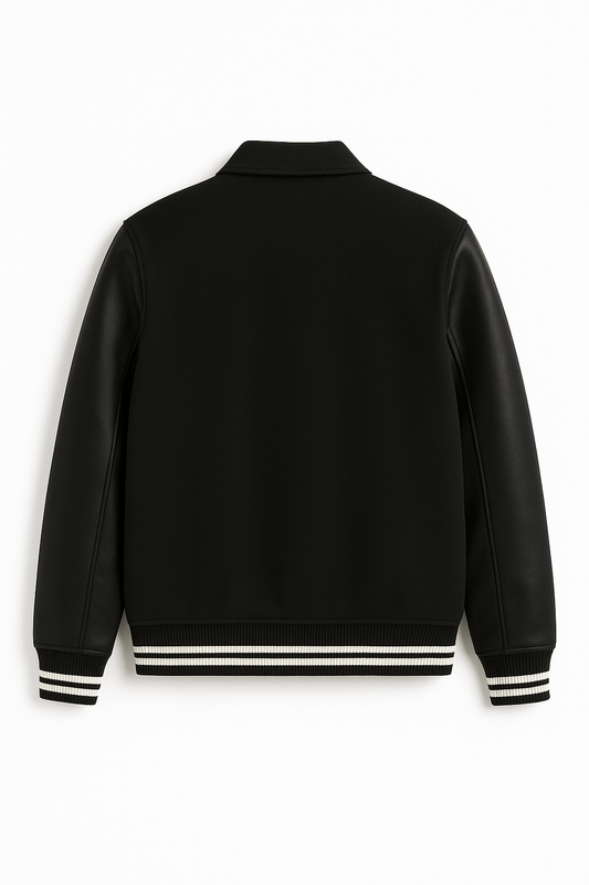 All-Black Collar Varsity Jacket – Monochrome Edition Leather Sleeves