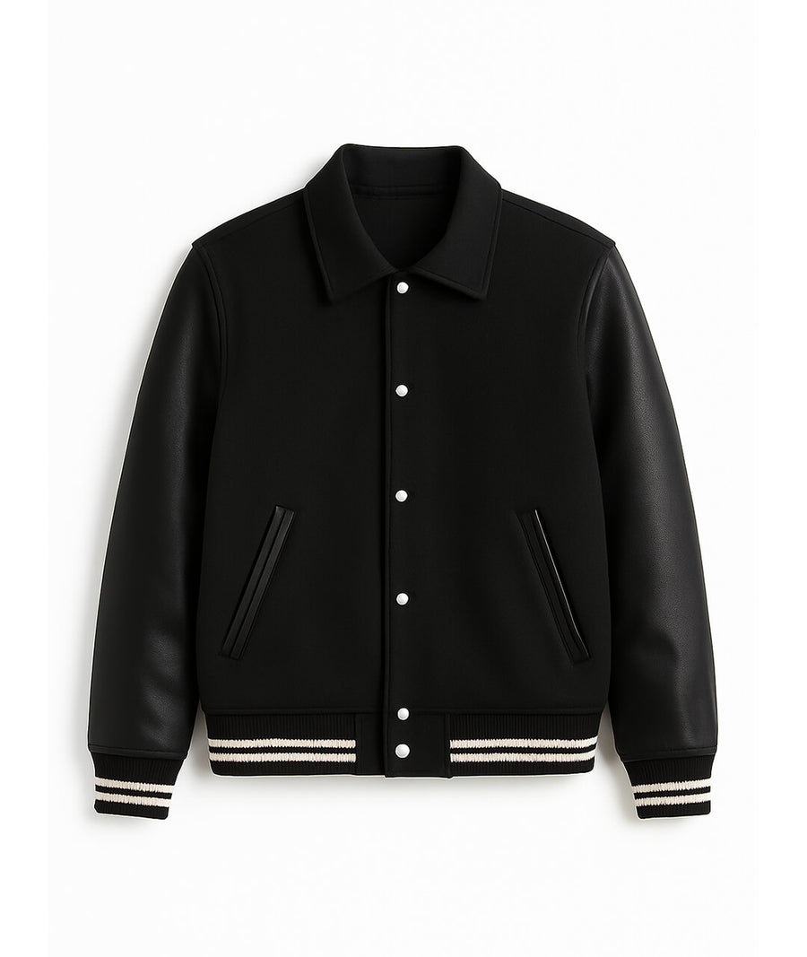 All-Black Collar Varsity Jacket – Monochrome Edition Leather Sleeves