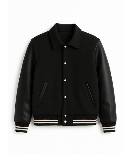 All-Black Collar Varsity Jacket – Monochrome Edition Leather Sleeves