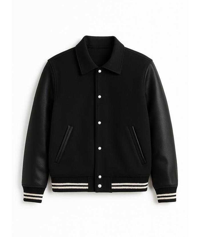 All-Black Collar Varsity Jacket – Monochrome Edition Leather Sleeves