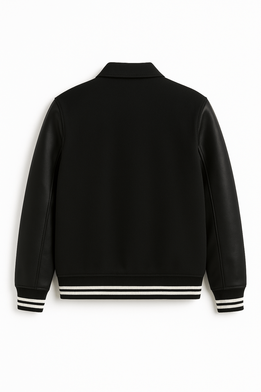 All-Black Collar Varsity Jacket – Monochrome Edition Leather Sleeves
