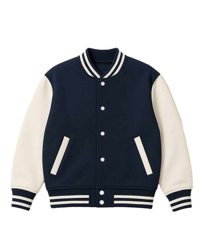 Navy Varsity Jacket with White Sleeves